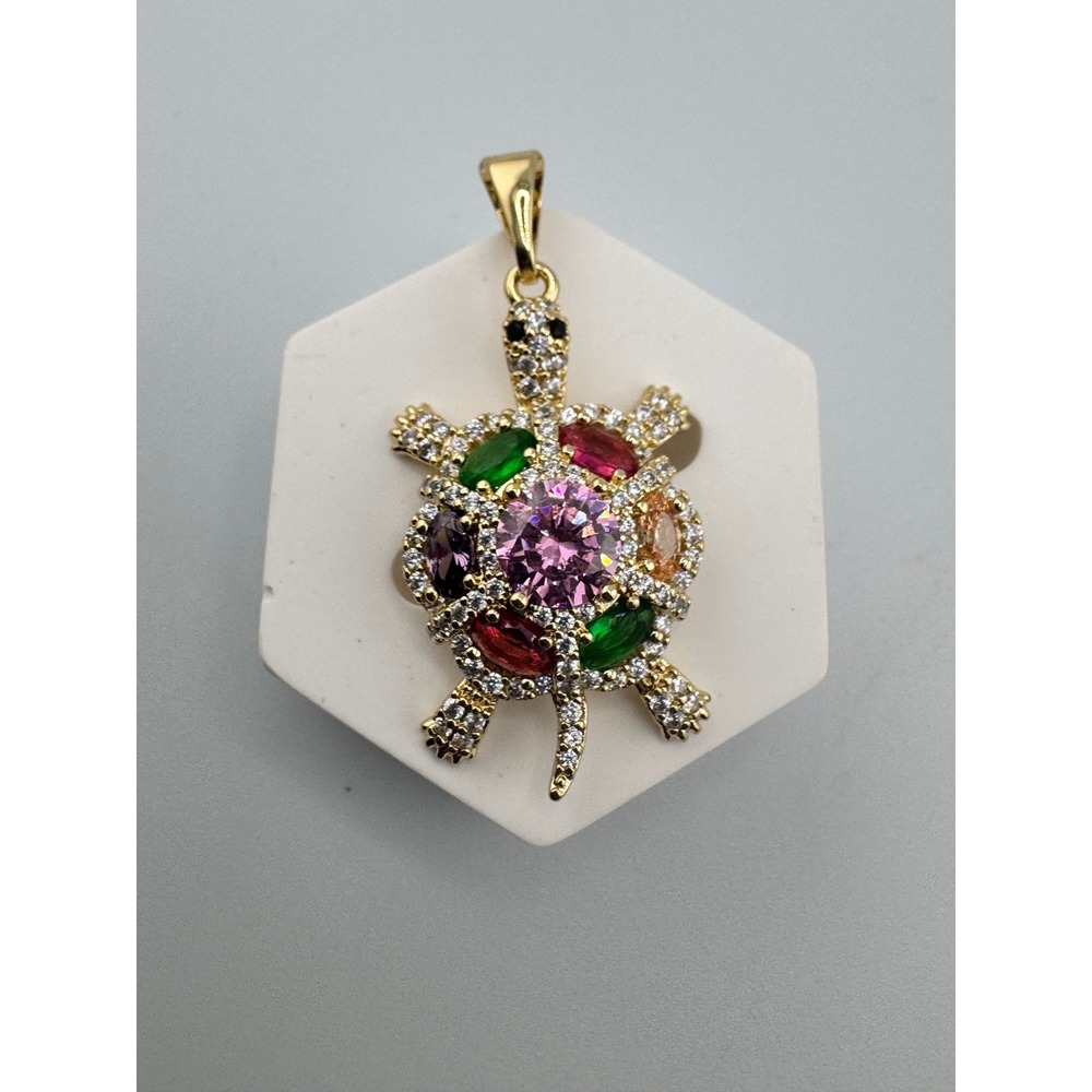 14k Gold Plated Multi Color Crystal Turtle Pendant Sea Life Charm Jewelry